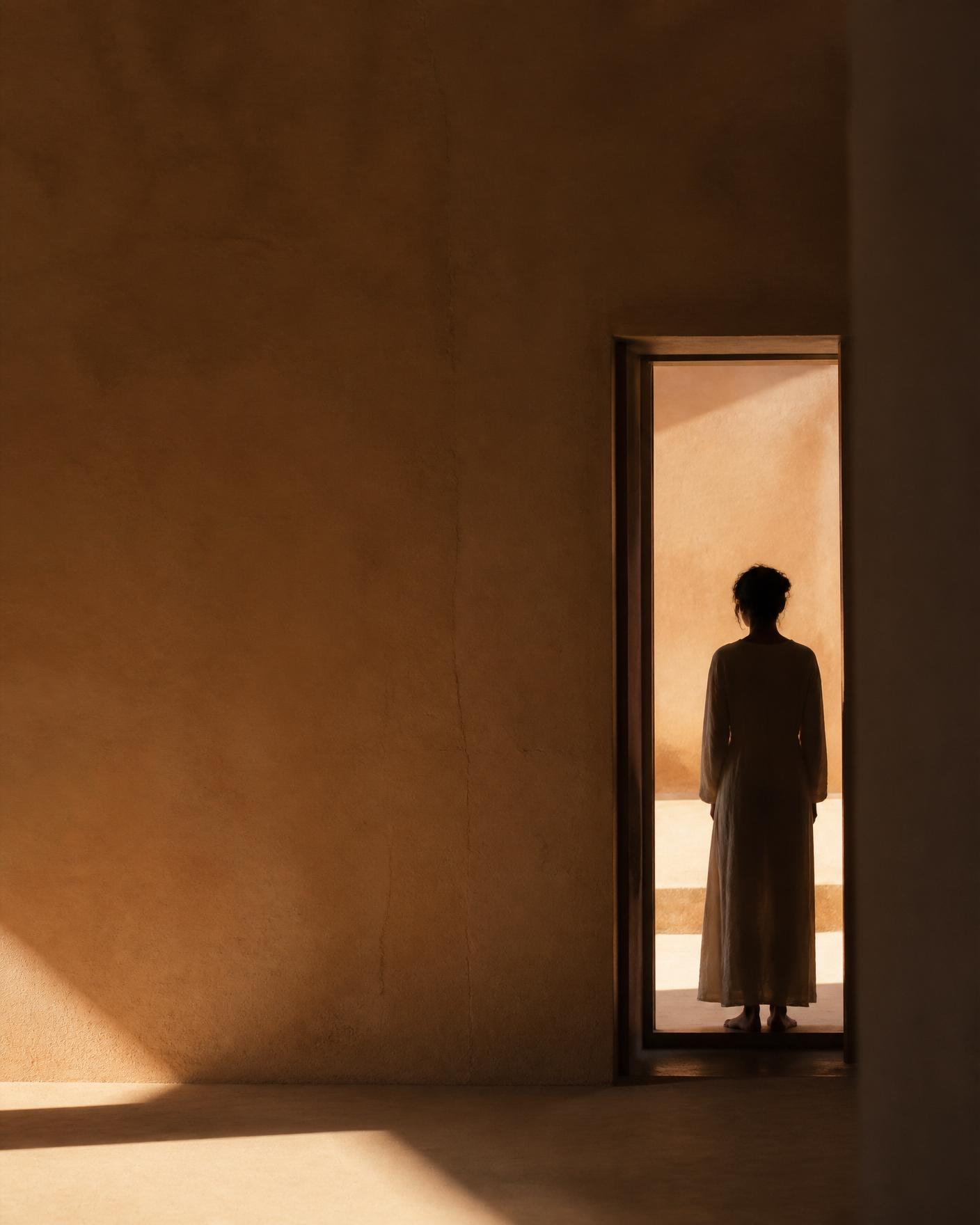 Figura na soleira de uma porta, envolta em luz dourada